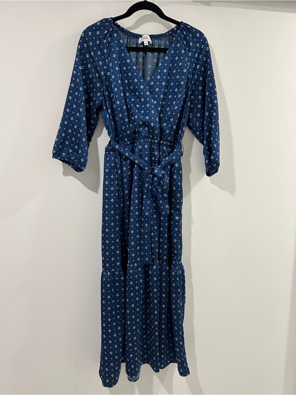 Lucky Brand Blue Printed Maxi Dress with Tie Waist Size L